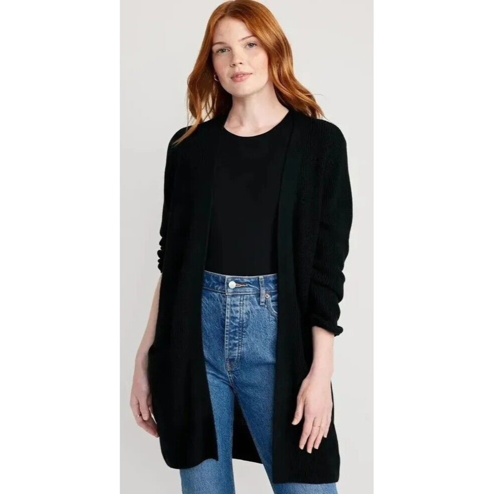 OLD NAVY Women's Small Black Gray Speck Long Lined Open Cardigan
